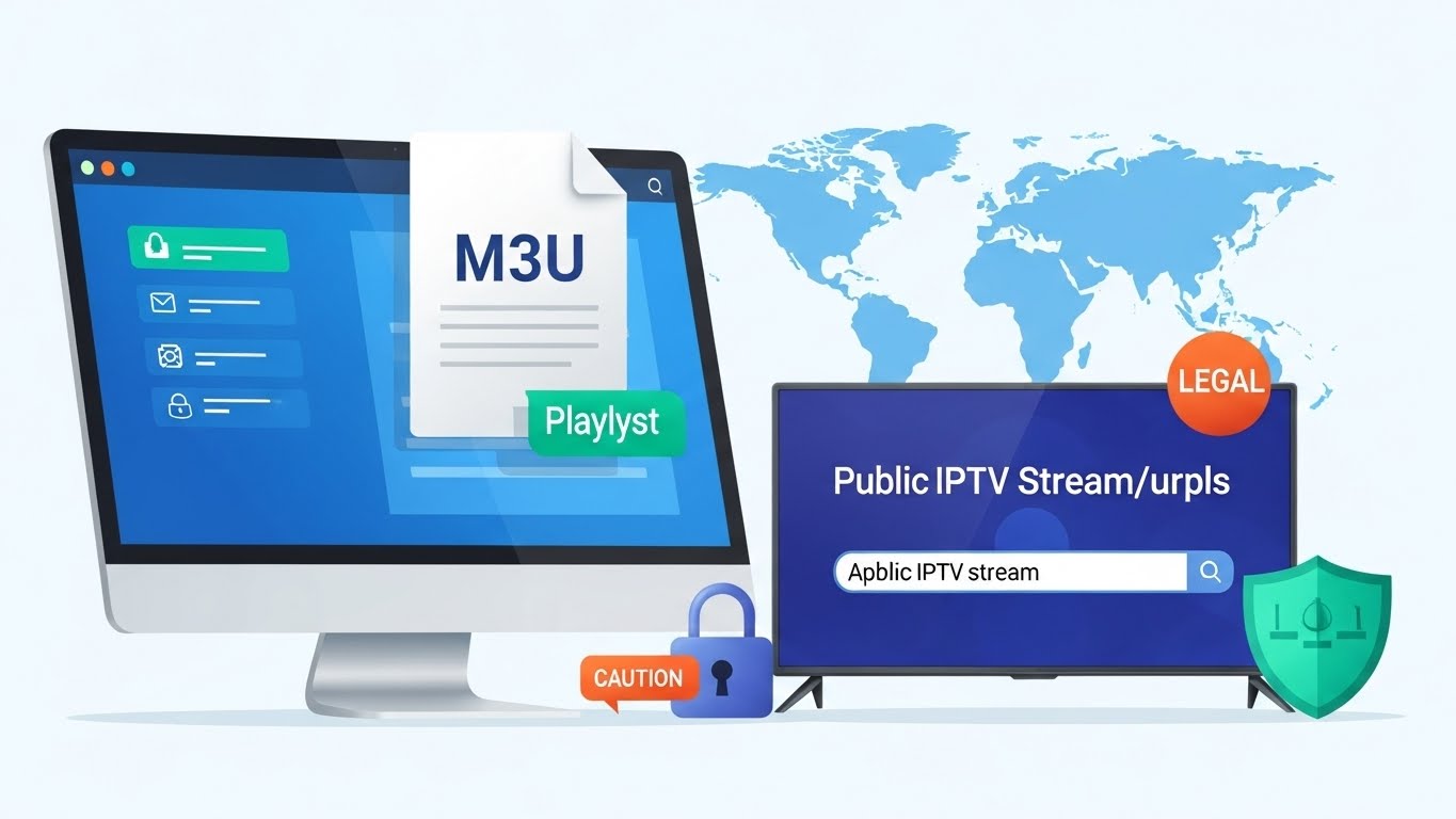 Illustration of public IPTV stream URL playlist interface with computer and TV, world map background, M3U file icon, and security symbols highlighting legal and safety considerations.