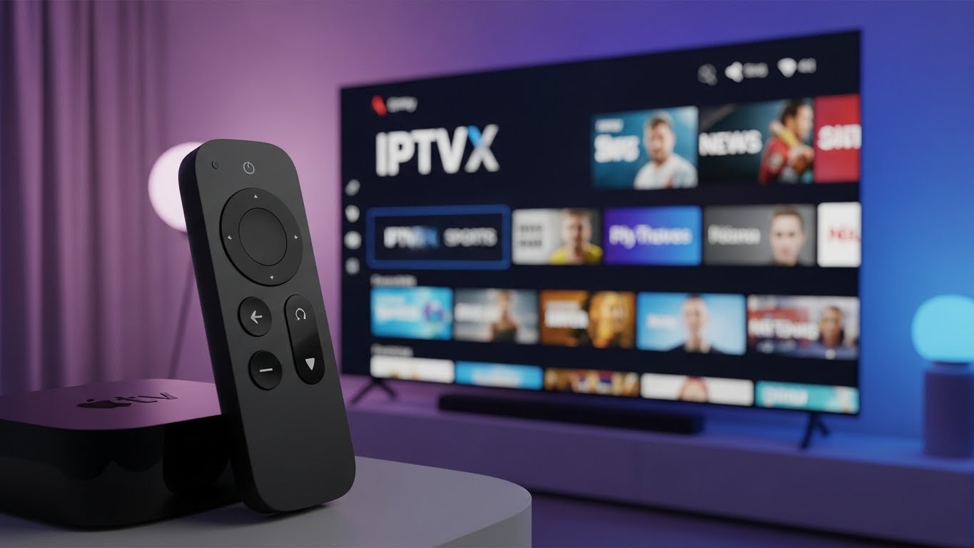Best IPTV app for Apple TV 2025 - IPTVX interface on Apple TV 4K showing channel grid, EPG guide, and Siri Remote